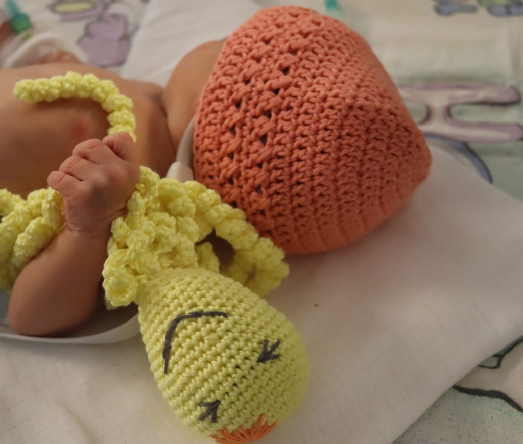 Predčasne narodené deti majú vďaka benefičnému háčkovaniu hlávky v teple a chápadlá chobotničiek im pripomínajú pupočnú šnúru